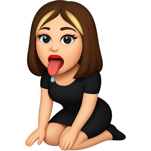 White woman, medium length brown hair and two blonde streaks in front, gray eyes, long thick lashes, kneeling, full lips with red lipstick, mouth open, and tongue out drooling, wearing black dress