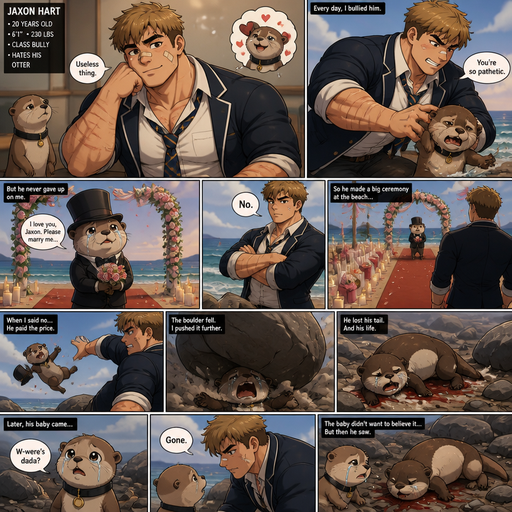 A Lifelike and Detailed Comic book story about of a Bulky and Beefy and every Muscle is bigger than average and less shredded or muscular with Chunky and Bulky chest and Biceps and his defined abs ANIME Cute Bara Man American 20 year old with a ROUND and BASIC facial structure and Young Adult BARA CUTE that is Peach Toned skin not anything else MALE not to detailed With bigger than average Pecs that are visible through the shirt and Biceps but slim and Athletic Lower body that makes have a V-Tapper Lower Body and a big Bandaid on his nose and Left Cheek and Right Eye brow with Scars all over his Chest and arms. Wearing a no piercings Wearing a baggy School Uniform and tie with Blazar and Pants and yellowish Brown Hair and Bright Light Brown fluffy Hair and Strait with brown eyes and black eyebrows with a Three finger Slash on his Eyebrow. With no Facial Hair.His Pet Otter that he excessively bullies that has a Collar and has a Huge Crush on him but he doesn’t like the otter back. And the otter one day dressed up really nice and with a top hat on creates a huge ceremony at the beach to marry him and he says no and the otter is throw at rock and a bolder falls and he pushes the rock down more and he looses his tail. and the otter’s baby asks were dada and he(the human) says gone the baby tries to deny it but saw the Pet Otter