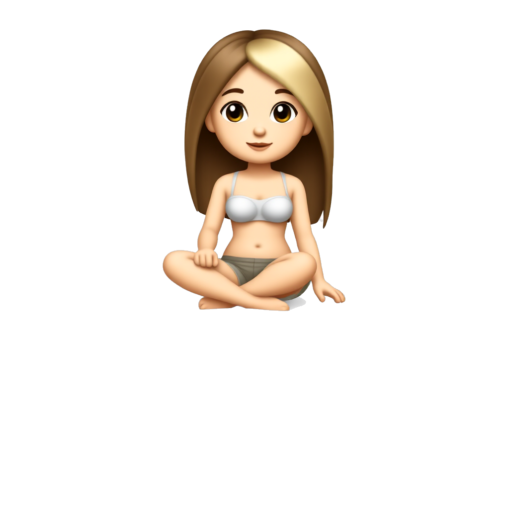 “A cartoon-style emoji of a girl sitting at the edge of the beach, where the gentle waves meet the sand. She has brown hair with blonde highlights, and she’s wearing a long shorts and a casual beach outfit. The background shows more of the ocean, with soft waves under a bright, sunny daytime sky.”