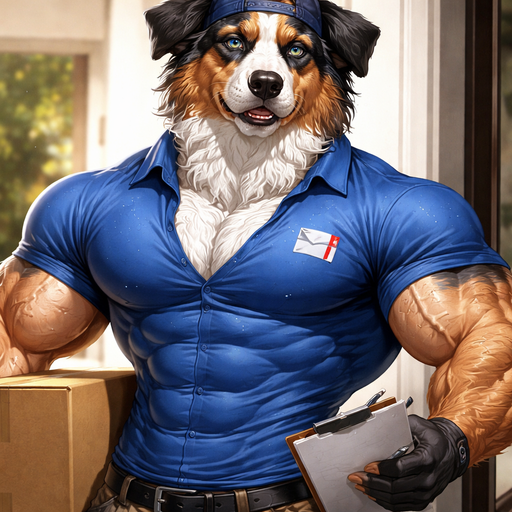 Buff and muscular and Hot Australian Shepherd with In A Sweaty Delivery Guy Collared Shirt with a Hat Backwards