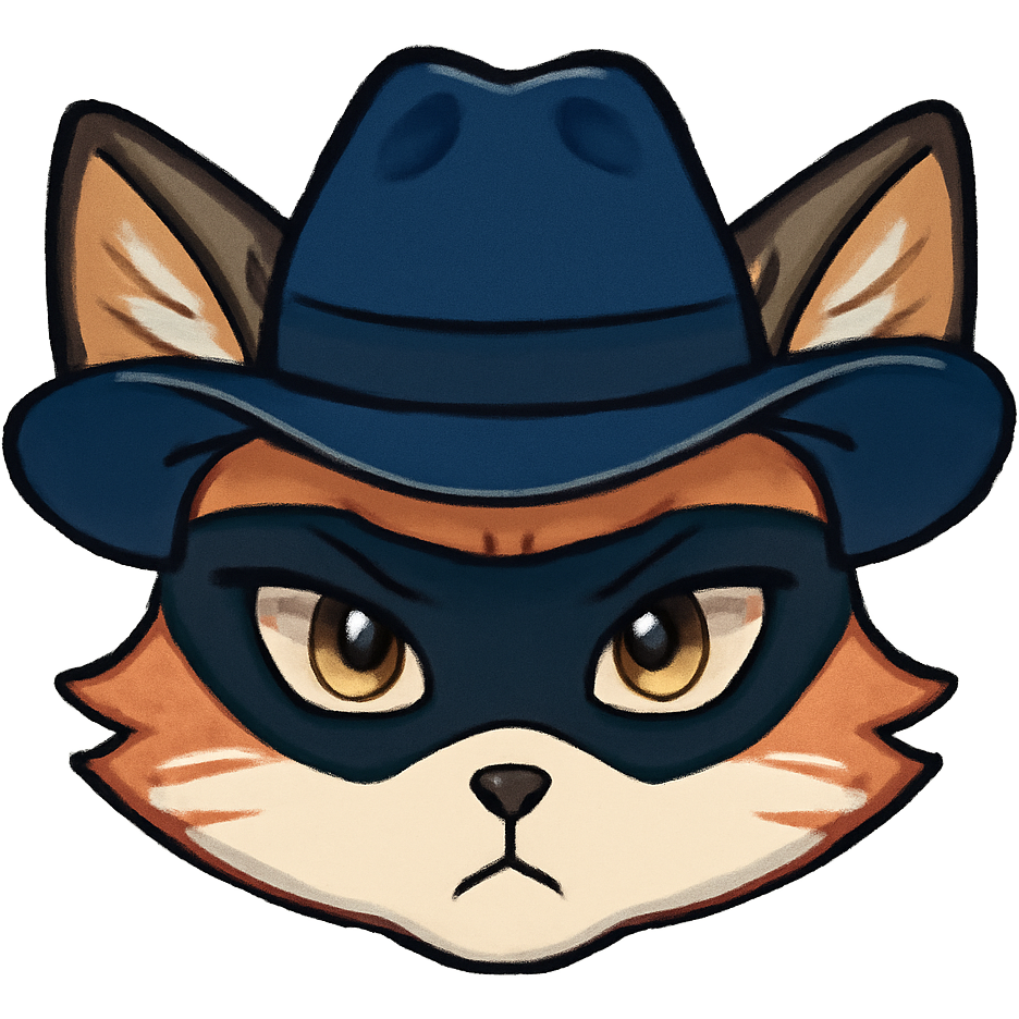 A red fox face with the dark blue cowboy hat and with the black mask covering the upper half of its face
