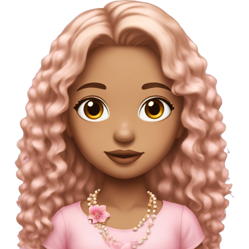 𝐁𝐫𝐨𝐰𝐧 girl with brown eyes and brown soft hair long hair, pink lilies in her hair , and wearing pink baby doll also Gold necklace Small and scattered pieces of pearls