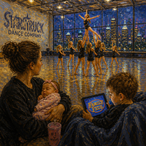 give me a mom holding her baby while her baby is sleeping inside of her hands and her toddler boy is watching family feud on his iPad with a binky in his mouth and a blanket over him and the Mom is watching her daughter do dance class for the dance Company called starstruck dance Company and they are working on a group dance and her daughter is getting lift up in the air and they’re in a big gymnasium with a night city view
