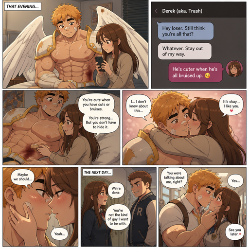 Comic book story about of a Bulky and less shredded or muscular with Chunky and Bulky chest and Biceps and his defined abs ANIME Cute Bara Man American 20 year old with a ROUND and BASIC facial structure and Young Adult BARA CUTE Angel with wings and Armor that is Peach Toned skin not anything else MALE not to detailed With bigger than average Pecs that are visible through the shirt and Biceps and a big Bandaid on his nose and Left Cheek and Right Eye brow with Scars all over his Chest and arms. Wearing a no piercings Wearing broken armor and Short and yellowish orange Hair and Bright Gold fluffy Hair and Strait with brown eyes and black eyebrows with a Three finger Slash on his Eyebrow. With no Facial Hair. Sitting down on his bed with his crush at his house. She messages his bully and Chunky biceps and he has a bloody bruise on the side of his month. And she says he’s cute when you have cuts or bruises she puts a bandaid on one and hugs him. And they go for a kiss but are reluctant. The next day at school she breaks with the guy that bullied him. And so he goes up to her and says you were talking about me right she said yes and he kisses her and says see you laterN