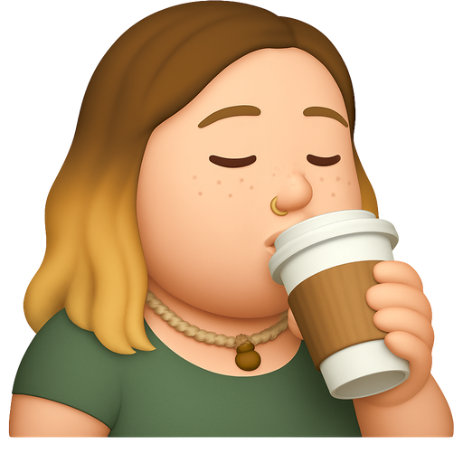 Fat girl with brown blonde ombré hair and freckles and a gold hoop nose ring and a hemp necklace drinking a coffee