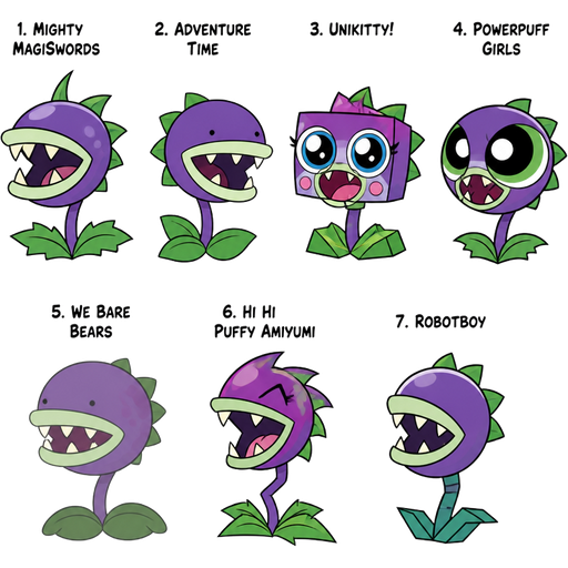 pvz chomper in cartoon network styles 1 mighty magiswords 2 adventure time 3 unikitty! 4 powerpuff girls 5 we bare bears 6 hi hi puffy amiyumi 7 robotboy
