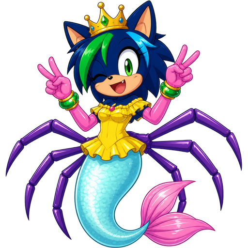smiling dark blue boy cat furry with green and blue hair wearing golden crown green braclets attached to pink long rubber gloves yellow dress tucked in a light cyan mermaid tail with white highlights with pink tail fins with six purple spider legs (sonic x anime)