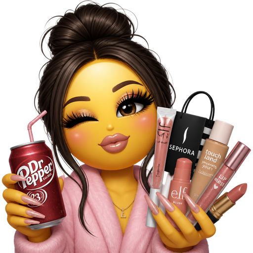 Elf lip gloss, Sephora, touch land sincerely, yours foundation, lip gloss, blush lipstick, put all of those make up on a girl with a round yellow circle for a face and have her have thick eyelashes and make her have nails on and drinking Dr Pepper