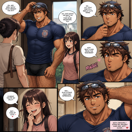 A REALISTIC AND LIFELIKE Comic Book long Story of a Bulky but Muscular ANIME Cute Bara Man With Peach toned skin Who looks Normal and a huge and Masculine round facial Structure and Basic facial structure With Puffy and Big Pecs that are visible through the shirt and Biceps and Bandaid on his nose and Brown Spiky hair and His Hair Curls At the tip of strands. Wearing a Fireman athletic shirt but no gear and short shorts with A Hat with glasses and has a Hairy body and looks very manly like a Dad but isn‘t one. and Attractive and Hot. And His mom‘s friend comes over and she has a Daughter and he thinks she‘s cute and he Makes a Kissy face at her and she laughs and Finds it attractive