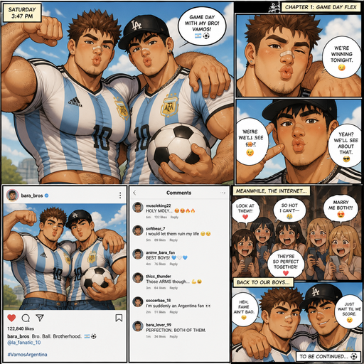 A REALISTIC AND LIFELIKE Comic Book long Story of a Bulky but Muscular ANIME Cute Bara Man With Peach toned skin Who looks Normal and a huge and Masculine round facial Structure and Basic facial structure With Puffy and Big Pecs that are visible through the shirt and Biceps and Bandaid on his nose and Brown Spiky hair and His Hair Curls At the tip of strands. Wearing a international soccer jersey that‘s tight around his waist AND baggy jeans has a Hairy body. And has huge Hands and Massive arms and looks HOT with his friend (that looks like him but Black instead of brown hair and Has A Chain on and Baseball hate and is also Peachy skin). making kissy faces at the Camera and with His friend Posing with a soccer ball and Dressed like a fan and flex one arm and post it’s on social media and Everyone thinks there hot