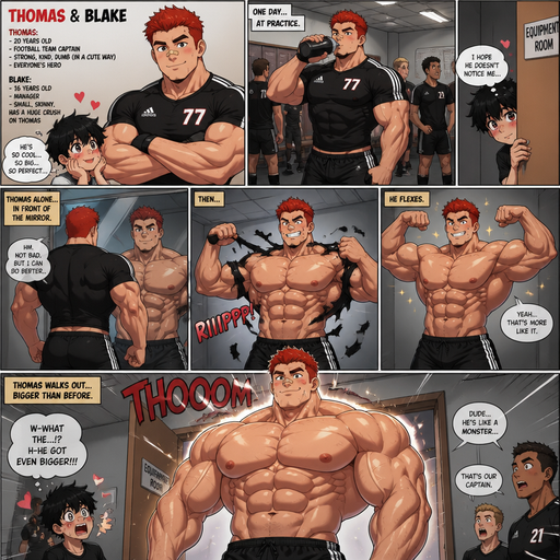 A Comic book story of a Bulky and muscular ANIME Cute Bara Man Who looks Normal and American with a round facial Structure and Basic facial structure With Big Pecs and Biceps and Bandaid on his nose. Wearing an Adidas Jersey and shorts with Scarlet Red hair and named Thomas. With Blake a Skinny and small Kid with a huge crush on Thomas. One day Thomas at Practice. And Thomas Ripping his shirt while flexing in the Mirror. And then Walking out of the room Bigger than before