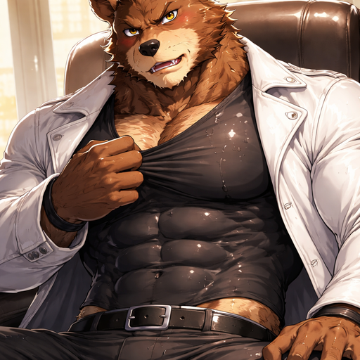 A Real Anime Full Body and Face Image of a Muscular and. VERY Masculine and handsome Bara Furry Bear a wrestler type body dressed in A White Leather Jacket and Black Tight shirt under it. Blushing sitting in a Chair Drenched in Sweat leaning back and Grabbing his Shirt