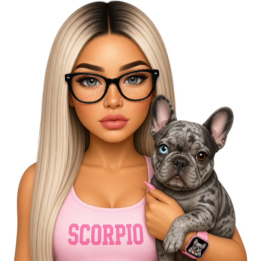 35 year old baddie with thin pink lips a slight bumpy nose slim face high cheek bones with alot of freckles across the nose almond shaped gray colored eyes lashes nose stud fair skin with freckles across nose with long straight icy ash blonde hair and dark roots parted in the middle serious and black glasses wearing a light pink tank top that says SCORPIO with pink color nails and pink Applewatch that has a picture of a gray merle french bulldog that has one blue eye and one brown eye