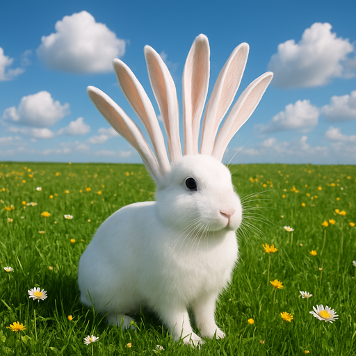 A white rabbit with six long ears sits in a vibrant green field filled with small wildflowers under a blue sky with fluffy white clouds.