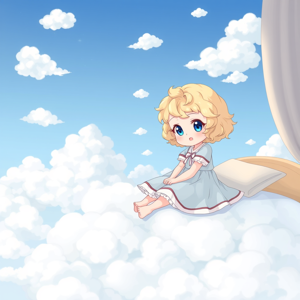 Little girl sitting on a cloud as all the clouds open up into the sky, as she’s in her bedroom on top of a cloud as her bed turns into a cloud and she has blue eyes and blonde curly hair