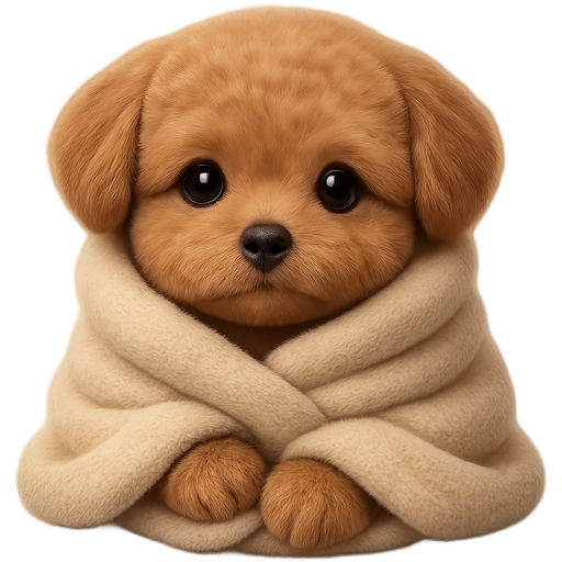 Create a realistic 3D emoji of a Maltipoo puppy wrapped in a soft beige blanket, in the same cozy iOS-style as the “teddy bear wrapped in a blanket” emoji. The Maltipoo should have a dark caramel coat, fluffy rounded ears, large shiny eyes placed close to the nose, a very small black nose, and a sweet baby-face expression. The proportions should feel soft and cute — short muzzle, round cheeks, and big expressive eyes. The blanket should look soft, thick, and cozy, in beige or cream tones, gently wrapped around the puppy’s body, leaving only the adorable face and tiny paws visible. Style: realistic Apple emoji look (smooth 3D shading, natural texture, warm light), not cartoonish or flat. Mood: warm, gentle, comforting, “cozy baby” vibe. Format: 512×512 px PNG, transparent background.