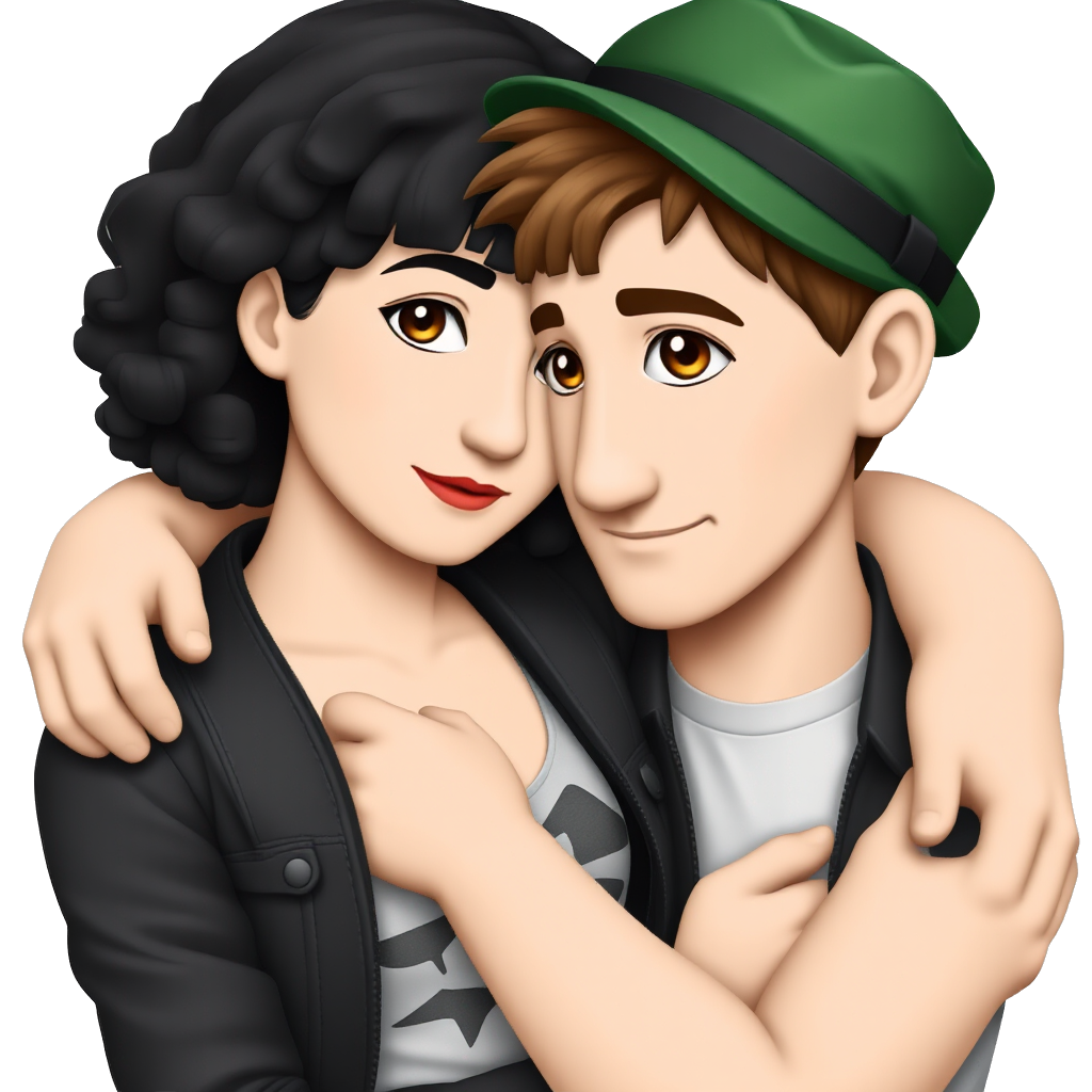 Couple of people cuddling each other, one goth girl whit curly black hair and brown eyes and one boy with brown hair and brown eyes and a green hat