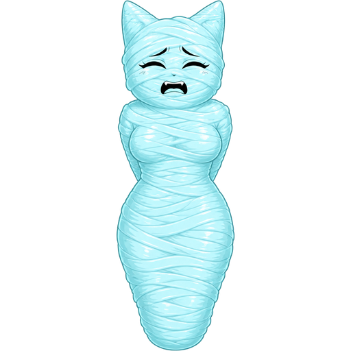 #B8FFFF sticky slik mummy-like-cocoon female cat girl anthro entombed wrapped up and mummified fully covered in a #B8FFFF spider slik cocoon shaped like female cat girl anthro with arms behind back with #B8FFFF spider slik wrappings completely covered with thick layers non-transparent #B8FFFF spider slik wrappings #B8FFFF with facial features expression distress