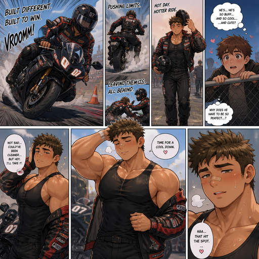 An Anime Comic book story Buff with the Perfect Physique and Bigger in muscle size than most guys and big ANIME Cute Bara Man Who looks Normal and American High schooler build and not to grown up with a round facial Structure and Basic facial structure With Puffy and Big Pecs that are visible through the shirt and Biceps and Bandaid on his nose. Wearing a Race car jacket and Pants on a Motorcycle with a helmet. Showing his motorcycle driving skills And Hie and Gets off Sweaty and Dreamy and Hot taking off his helmet. And Took off his jacket leaving on a black tank top that makes his Arms and Chest look big and Buff. With his crush watching