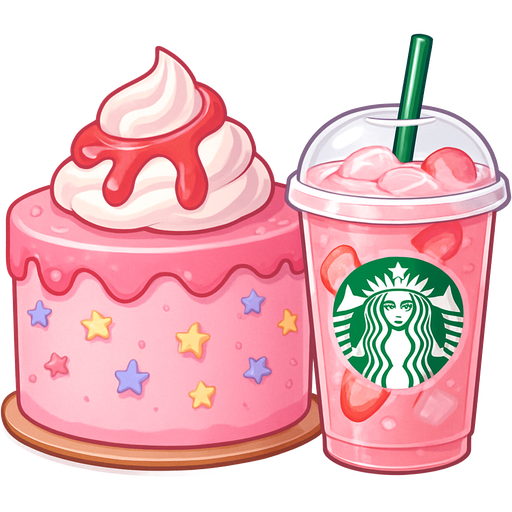 A ginormous pink creamy cake with star sprinkles, and whipped cream on top with strawberry syrup And for a drink, it is a pink Starbucks drink with strawberries and ice cubes in it.