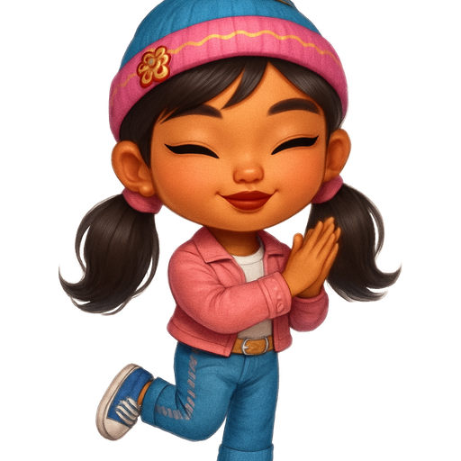 Ginger Snap from Strawberry with Vivid and Distinct Features and Visual Texture in an intense Polished Shine in a Diffused Lighting with a Neutral Amber Skin Tone and a Blue Beanie with a Pink Stripe in the Center and a Yellow Squiggly Zigzag in the Middle of it and a Small Gingerbread Clip on the Flipped up Part of the Beanie with Jet Black Hair Tied into Ponytails with Pink Scrunchies on both sides of the hair with the Length of the Hair Being Long with a Petite Shape and V- Shaped Bangs with Downward-Turned Lips with a Lifted Eyelash Finish Having a Cinnamon Matte Lipstick Style With a Candlelight Golden Glow Makeup Defiance In Which the Eyebrows Are Tapered, Monolid Eyes Shape with a Turned- Up Nose and a Diamond Face Shape With A White T-Shirt and Pink Jean Jacket with Blue Long Jeans with a Pattern of a pink Stripe and a zigzag going down the middle on the bottom of them Wearing Blue Denim Sneakers and a Yellow Belt with a Silver Heart Buckle in a Soft Whimsical Aesthetic Filter Clapping while lifting one leg up with a Soft Focus and Iridescent Accents including a glittering Sheen