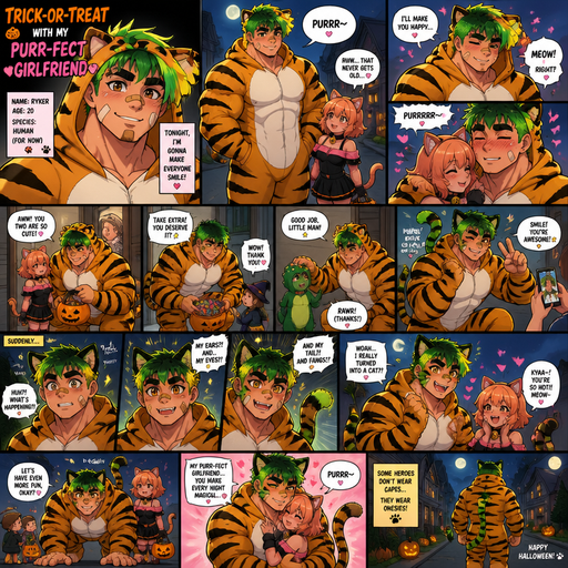 A Full page Anime Comic book story of the perfect combination of about of a MASCULINE and more BULKY thank defined ANIME Cute Bara Man American 20 year old with a ROUND and BASIC facial structure and TENAGE BARA CUTE PEACH COLORED MALE that is the perfect Combination of Attractive and Super hot and Cute and can be either one when at will. Not to detailed With ginormous that are visible through the shirt and ginormous BICEPS and a big BANDAID on his nose and Left Cheek and Right Eye brow and long jaw. Wearing a no piercings A Tiger Onsie that makes him look bigger and and a normal size and Bright Green Hair and Brighter Green Hair Tips and Strait with brown eyes and black eyebrows. Going around trick-or-Treating with his girlfriend she is a cat and she purrs and he blushes, and his onesie makes him bigger than her and does cute stuff just to make people they meat happy. And then he gets a real cat Tale,Ears,Eyes and fangs