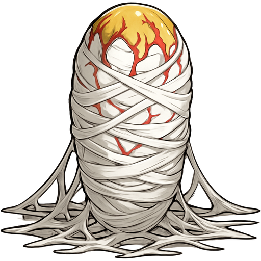 mega slikworm cocoon upright with red veins and orange veins on the top covered with huge coating of slik and huge slik wrappings and huge webbing wrappings on the ground