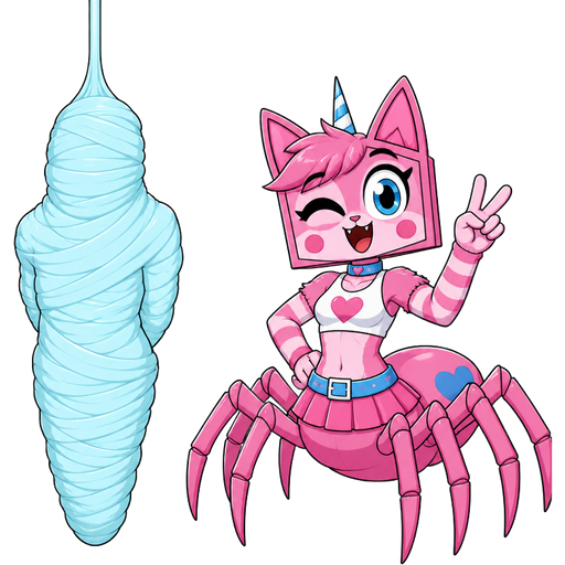 wrapped up and mummified fully covered in a #B8FFFF spider slik cocoon shaped like boy arms behind back with #B8FFFF spider slik wrappings completely covered with thick layers non-transparent #B8FFFF spider slik wrappings silken prison hanging on ceiling on left side next to a happy anthro femboy pink cat anthro drider hybrid doing victory sign smiling based on unikitty