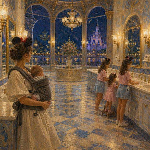 give me a mom holding her baby in the baby carrier and the Mom is waiting for her daughters to finish washing their hands. The 10 year-old twin daughters are washing their hands but one of the twins are helping the five year-old sister wash your hands and they are in a bathroom and it’s so so so big and they are at Disney World with a night view.