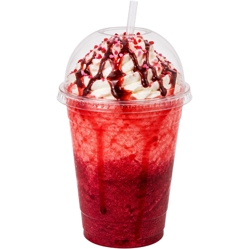 Valentine’s Day with Whipped Cream and a Chocolate Drizzle with Pink and Red Sprinkles on Top Shaved Ice Slushie in a Plastic Cup and Plastic Dome Lid with a Straw Mixed in with Extra Syrup and the Top is Strawberry and the Bottom is Raspberry
