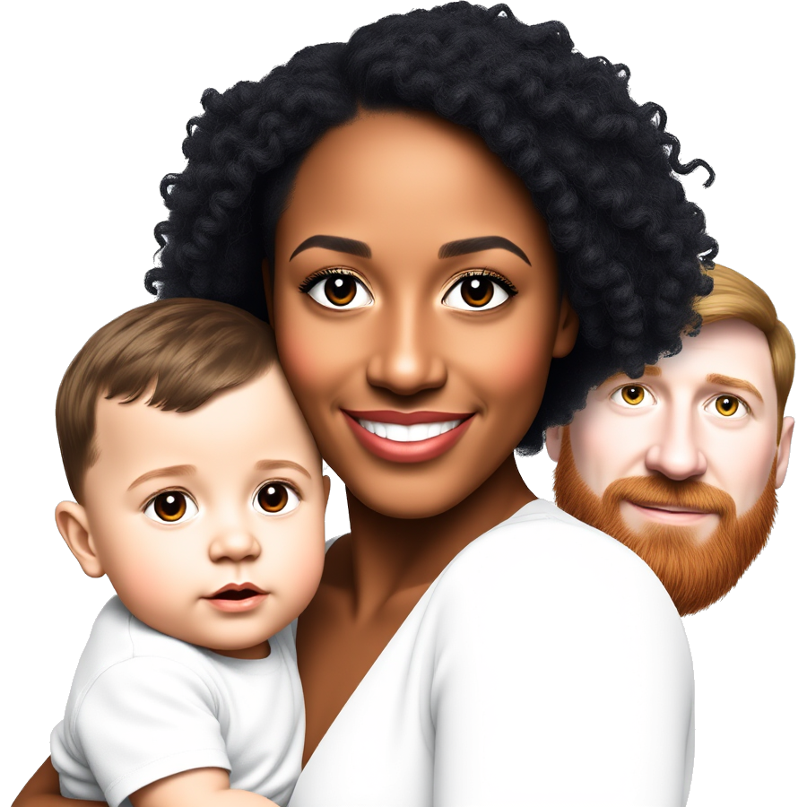 Light Brown skin woman who had curly black hair with a white baby who has brown hair and a white man who has red hair and a beard