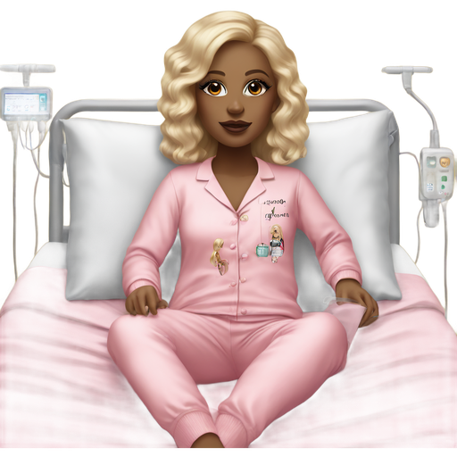 Blonde with glam makeup in a hospital bed with IV on which is written “lashes” she is wearing Gucci pyjama baby pink color
