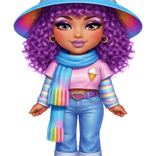 Rainbow Sherbet with a Medium-Tan Cool Honey Skin Tone with a Cupid’s Bow Lip Shape with a Staggered Eyelash Look with a Frosted Purple Lipstick and a Pink and Blue Eyeshadow Ombré Combo with a Hooded Eye Shape and a Square Face Shape Wearing a Blue Foldable Flipped up Straw Sun Hat and the Brim is Blue and Underneath it is Rainbow with Frizzy Purple Curly Hair Including Bangs With a Light Blue Button on the Very Top of the Hat Wearing a Long Sleeve Rainbow Shirt with a Pink Short Sleeve Shirt Over it and a Vanilla Ice Cream Cone Print Picture on Left Side Wearing a Blue Scarf with Ends Being Rainbow and Turquoise Blue Denim Pants With a Purple Belt and a Gold Buckle with Yellow Socks and Pink Flats with a Mature Adult Toned Build and Luxury Glossy