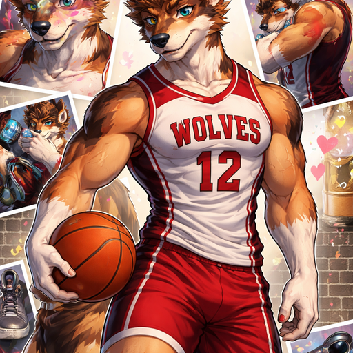 A Full Body and Facial Wallpaper of a Hunky and Chunky a Very Hot and Handsome German Shepard mixed with a Australian Shepard bara furry who is a Basketball College player and Extremely muscular but not to muscular and Extremely Masculine and Handsome and Ginormous Arms and a Rounded Pecs very Short Strait Hair but tall and a little bit lean. Wearing Tight Basketball Jersey blushing looking down at them
