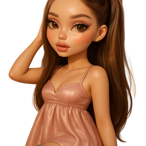 luxury glossy bratz-doll romantic aesthetic, warm cinematic glow, crisp clean detail, glossy glam skin. brown eyed Petite girl, fair skin with soft freckles, long wide face with tall forehead, honey-golden almond wide-set upturned eyes, attached ear lobe, fluttery lashes, shimmer highlight, plush lips, bottom heavy lip, sweet Belle-princess vibe, long straight brunette hair with visible light blonde highlights, softly defined feminine body, soft hourglass shape with full round bust, wearing warm blush pink satin spaghetti strapped puffy babydoll dress cut puff under bust, light warm taupe suede pointy-toed over-the-knee stiletto boots, gold studs, warm blush pink cat-eye, rose highlighted inner-corner, glossy warm blush cheeks, soft warm blush plush lips, soft waved ponytail with scalp-braid going toward pony, she’s leaning up against a wall smoothing out her ponytail. Cozy romantic glow, soft warm lighting, pop-princess energy