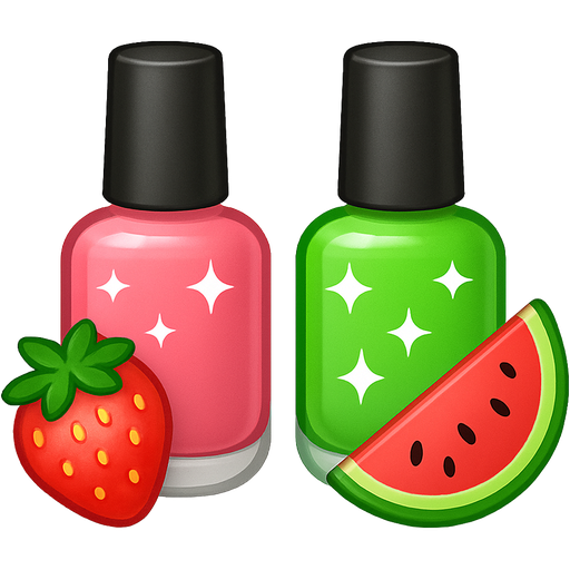 Two mini bottles of nail polish: one pink bottle on the left with sparkles and a strawberry next to it, and one green bottle on the right with sparkles and a watermelon next to it