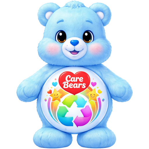 Recycling Pastel Blue Care Bear with a Multicolored Rainbow Recycling Sign and a Classic Care Bears Red Heart Logo That Reads “Care Bears” in White letters in the Middle with Hearts and Starbuddies Surrounding it on the Stomach Black Eyes and a Blue Heart nose