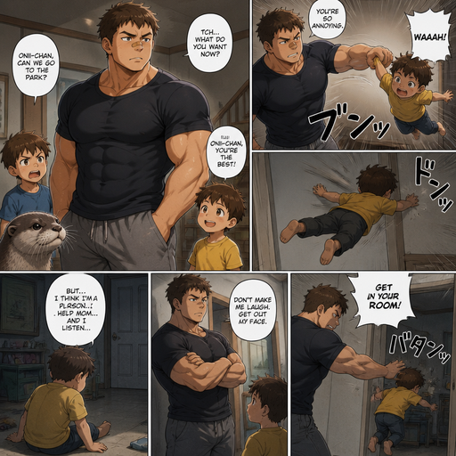 A DETAILED AND LIFELIKE ANIME Comic Book story view of a Bulky but Muscular ANIME Cute Bara Man With Peach toned skin Who looks Normal aind round facial Structure and Basic facial structure With Puffy and Big Pecs that are visible through the shirt and Biceps and Bandaid on his nose and Brown short hair that makes them look tough. Wearing normal With his pet Grown and healthy realistic otter and 2 little brothers that are in different ages but young. And he doesn‘t like them and big brother picks the little brother up and The little brother little body fly’s to the and limps away the little brother believes that he‘s A good person but when he tells him that he is pushed into his room