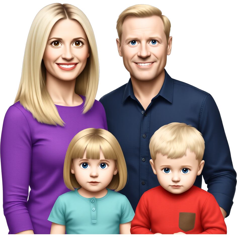 One women with blonde straight hair that is wearing a purple shirt and a man that is wearing a dark blue shirt with a sandy blonde fade hair and a tween with blonde long straight hair wearing a baby blue shirt and a smaller girl that has short straight blonde hair down to her shoulders that is wearing a green shirt and a toddler boy that has blond fade hair with a red shirt and everyone has blue eyes