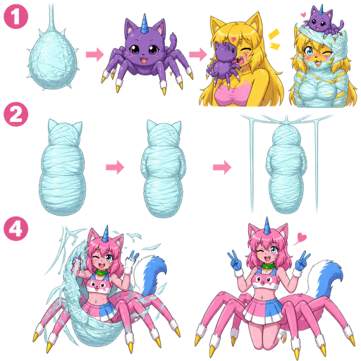 life cycle of anthro femboy pink cat drider with blue and white tail white wrists blue hands white ankles yellow tips on spider legs green collar blue unicorn horn wearing femboy clothing based on unikitty metamorphosis transformation 1st stage #B8FFFF spider eggsac 2nd stage purple spider cat hybrid next to 1 purple spider cat hybrid latching on a yellow female cat anthro's face and 2 wrapping around yellow female cat anthro whole body and head with #B8FFFF silk webbing 3rd stage cocoon wrapped up and mummified fully covered in a #B8FFFF spider slik cocoon shaped like anthro female cat anthro arms behind back with #B8FFFF spider slik wrappings completely covered with thick layers non-transparent #B8FFFF spider slik wrappings hanging on #B8FFFF slik wrappings 4th stage adult 1 anthro femboy pink cat drider with blue and white tail white wrists blue hands white ankles yellow tips on spider legs green collar blue unicorn horn wearing femboy clothing based on unikitty emerges from its wrapped up and mummified fully covered in a #B8FFFF spider slik cocoon shaped like anthro female cat anthro arms behind back with #B8FFFF spider slik wrappings completely covered with thick layers non-transparent #B8FFFF spider slik wrappings hanging on #B8FFFF slik wrappings 2 anthro femboy pink cat drider with blue and white tail white wrists blue hands white ankles yellow tips on spider legs green collar blue unicorn horn wearing femboy clothing based on unikitty