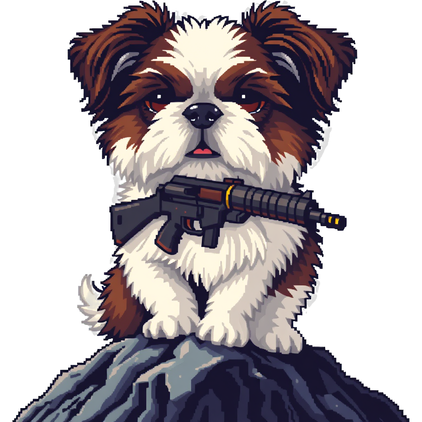 8 bit pixel art of A shih tzu (a type of dog that’s actually real) on a mountain with a gun power up, contrast with white background