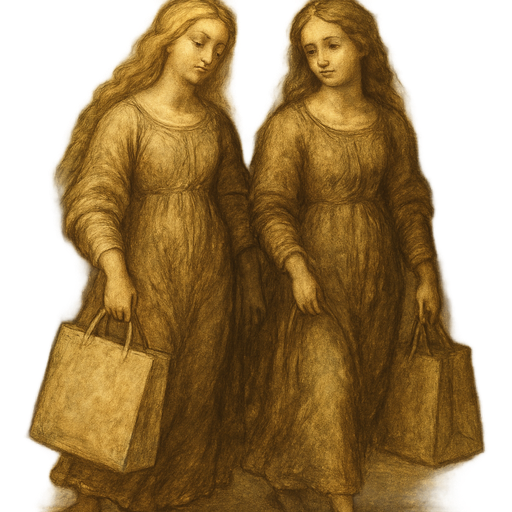 Two girls one with blonde hair and the other with soft golden brown hair walking down the street hold shopping bags