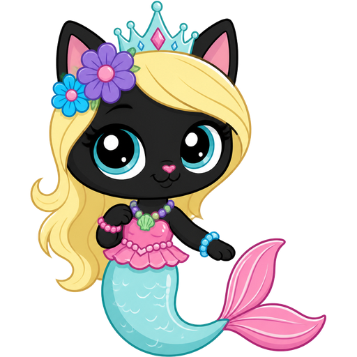 black cat with light yellow hair purple and blue flowers light cyan crown purple and green necklace pink and blue bracelets pink dress attached to long light cyan mermaid tail with white highlights with pink tail fins with white highlights (Hasbro brand new littlest pet shop tv series)