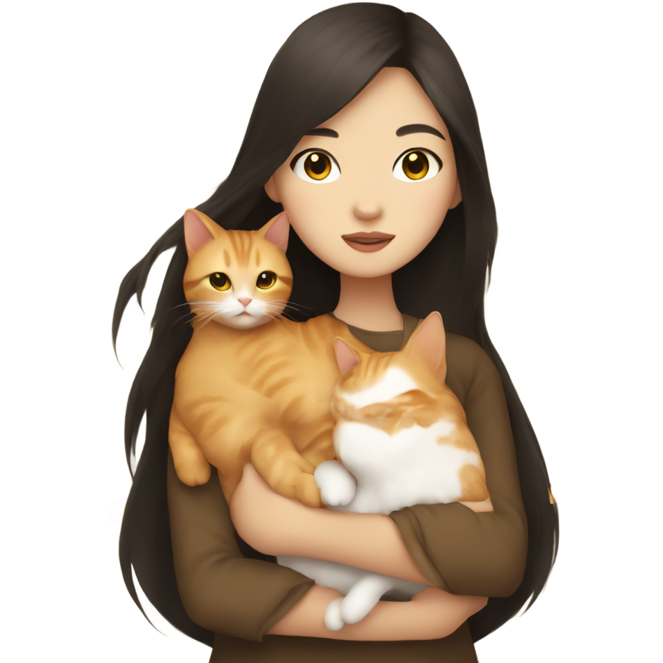 A beautiful Asian Girl with dark brown long hair holding one yellow eyes fully ginger cat in her arms