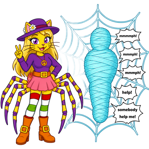 Yellow cat anthro with purple eyes long blonde hair whiskers purple hat with white flower peace sign necklace purple long sleeved shirt orange belt with a yellow buckle pink skirt long red white green socks orange boots with yellow buckles drider hybrid next to thick completely fully light cyan spider web mummified boy shaped cocoon covered with thick layers non-transparent light cyan slik wrappings and light cyan slik wrappings boy shaped cocoon covered with thick layers non-transparent light cyan slik wrappings muffled screams mmmmph! mmmph! mmmph! help! somebody help me!