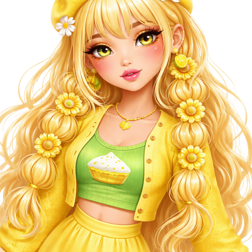 Lemon Meringue From Strawberry Shortcake with a Fair-Light Warm Vanilla Skin Tone and a Down-Turned Lip Shape Moving into a Supernova Eyelash Set Up and a Starry Eyed Lipstick Finish with a Ombré Yellow and Orange Eyeshadow with a High-Tail Arch Eyebrow and a Round Eye Shape Wearing a Yellow Beret with a Flower on the Top With Bright Blonde Hair and bangs with a Half up Hair-Style adding Bubble Braids and Yellow Sunflower Clip Scrunchies Wearing a Short Crop Yellow Long Sleeve Cardigan with a Green Tank Top and a Short Green Tank Top Over It and a Lemon Meringue Pie on Top of it and a Yellow Skirt and Yellow Flats with an Adult Toned Build add Vivid And Distinct Features and Visual Texture in a Soft HD Intense Polished Shine