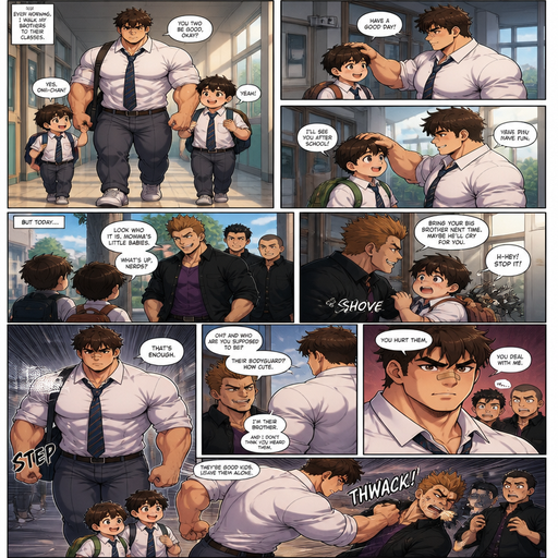A Full Body Comic Book story view of a Bulky but Muscular ANIME Cute Bara Man With Peach toned skin Who looks Normal and round facial Structure and Basic facial structure With Puffy and Big Pecs that are visible through the shirt and Biceps and Bandaid on his nose and Brown Fluffy and Strait hair. Wearing a baggy school uniform. At a school and walking his brothers to there classes and then a bully comes and bullies the brother and he protects them