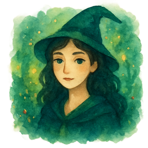 A magical mom-aesthetic emoji with light beige skin, dark hair, grey-blue eyes, soft and expressive calm emotion, glowing forest vibe, deep green and blue accents with small red and yellow highlights, mystical cozy style, dreamy lighting.