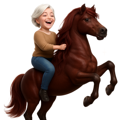 Draw a woman with short white hair riding a burgundy color (dark red) horse with a floor-length mane. The horse is rearing, and the girl is very happy. Draw it in 3D, very realistically, as if it were a photograph. Add sparkles around the girl and the horse.