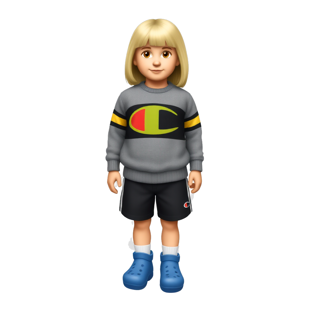 A 4’5” girl with blond hair wearing black and white shorts, a gray, black, and gold champion sweater and blue crocs with socks with holes that show her tiny toes
